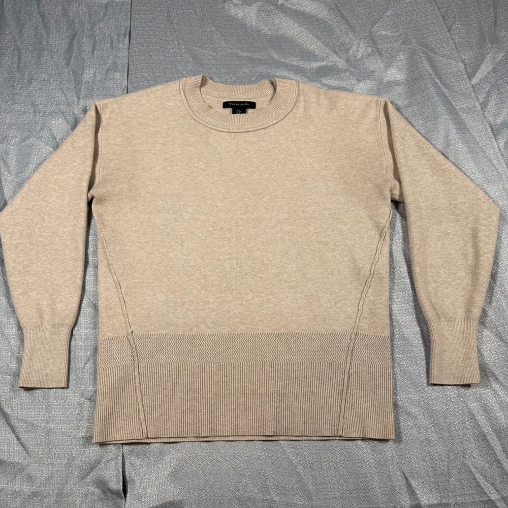 Tahari Sweater Womens S Tan Crewneck Mixed Stitch Long Sleeve Ribbed Knit Top